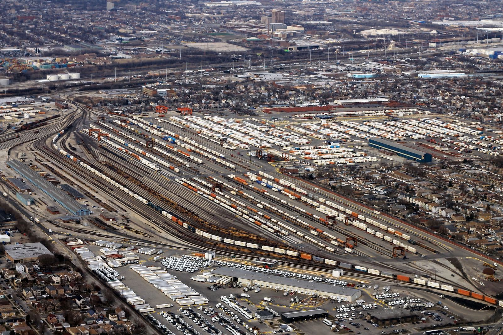 Aerial view of BNSF's Corwith Intermodal Facility in Chicago, rows of container and trailer stacks